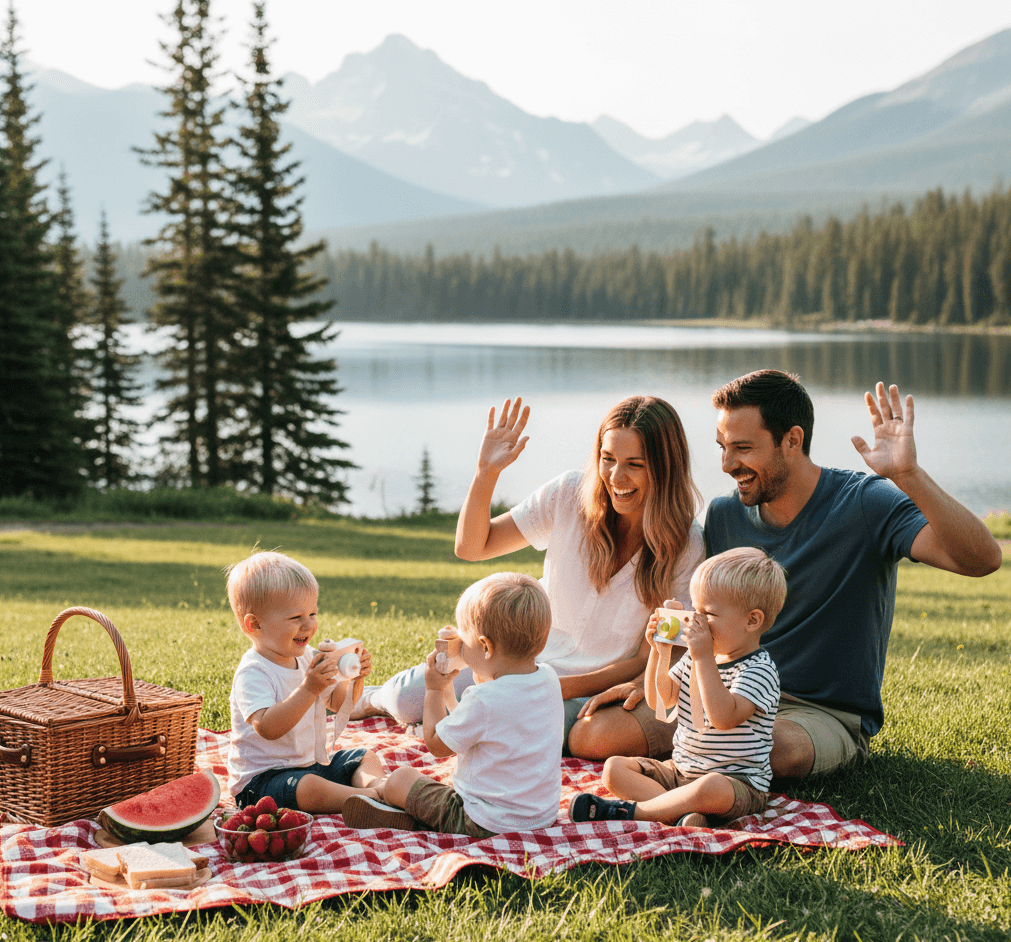 Family of four with a picnic blanket by a lake and mountains