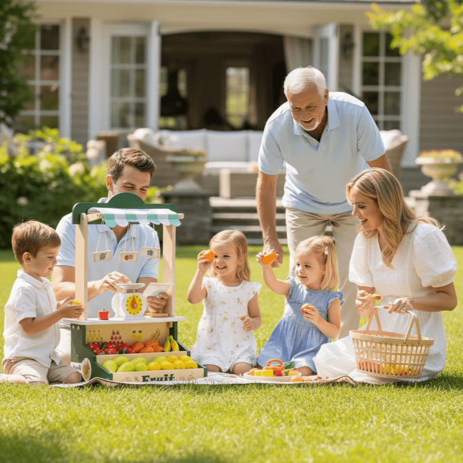 Family having a picnic in a garden with a toy fruit stand.Wooden Farmers Market Stand Fruit