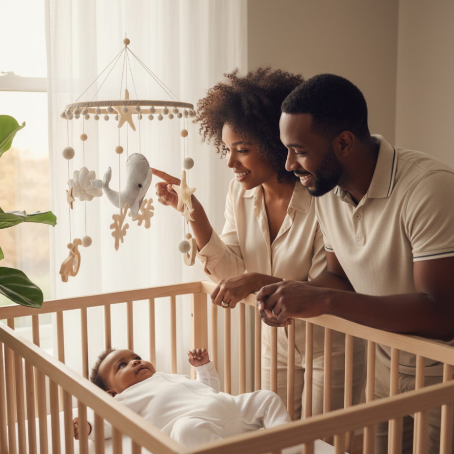 Baby_Pre-sleep ritual – hang the mobile above the crib, softly point out whales and colors as baby settles.Whale Baby Mobile – Wonder Kiiids