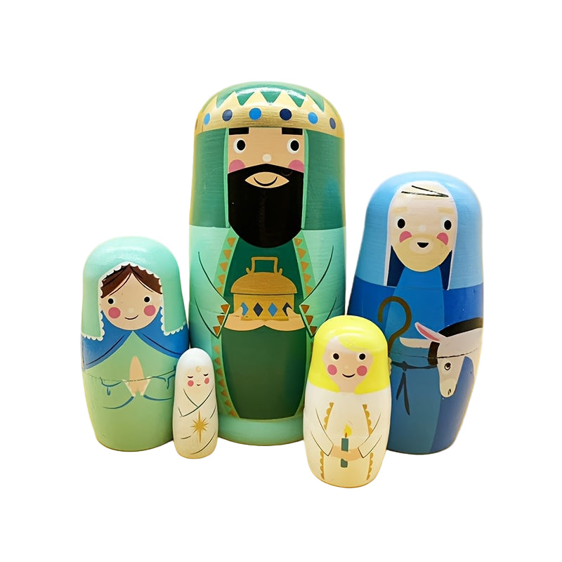 Set of nesting dolls with characters from a nativity scene on a white background.Handmade Nested Doll Navitad Set