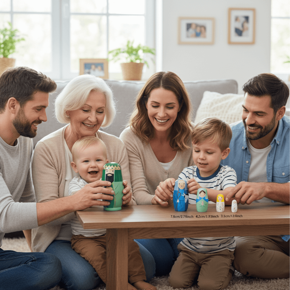 Family of three generations sitting on the floor in a living room, holding toys and smiling.Handmade Nested Doll Navitad Set.  Wonder Kiiids