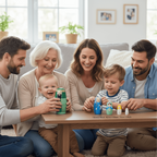 Family of three generations sitting on the floor in a living room, holding toys and smiling.Handmade Nested Doll Navitad Set.  Wonder Kiiids
