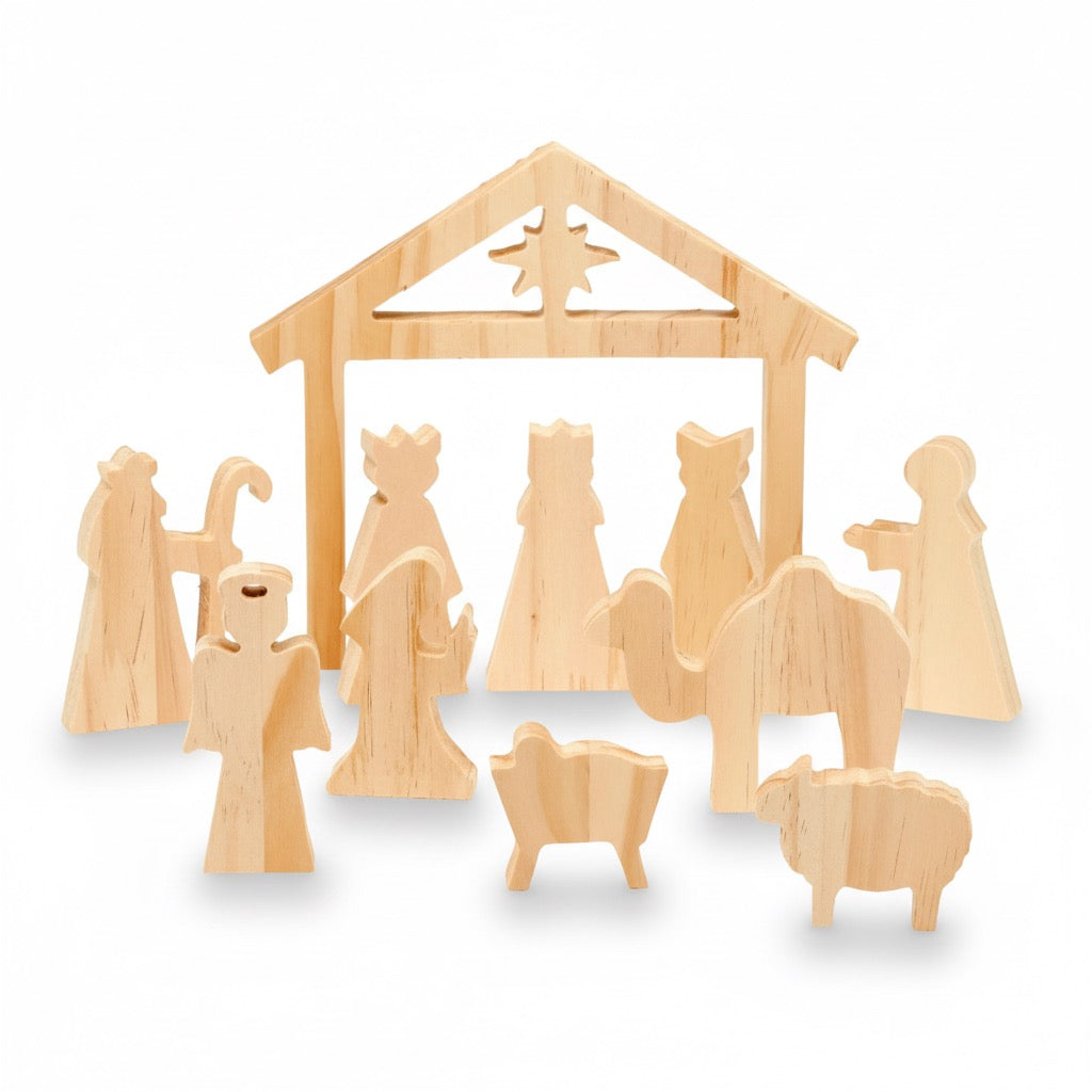 Wooden nativity scene set with stable, figures of Mary, Joseph, baby Jesus, angels, and animals on a white background. WONDER KIIIDS