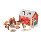 A beautiful WONDER KIIDS wooden farm toy set for kids, featuring a classic barn and assorted farm animals, perfect for imaginative and sustainable play.