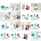 Collage of a child playing with a toy science set on a white background.  Wonder kiiids