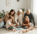 Family of four, including grandparents and two children, playing with wooden toys on a rug.