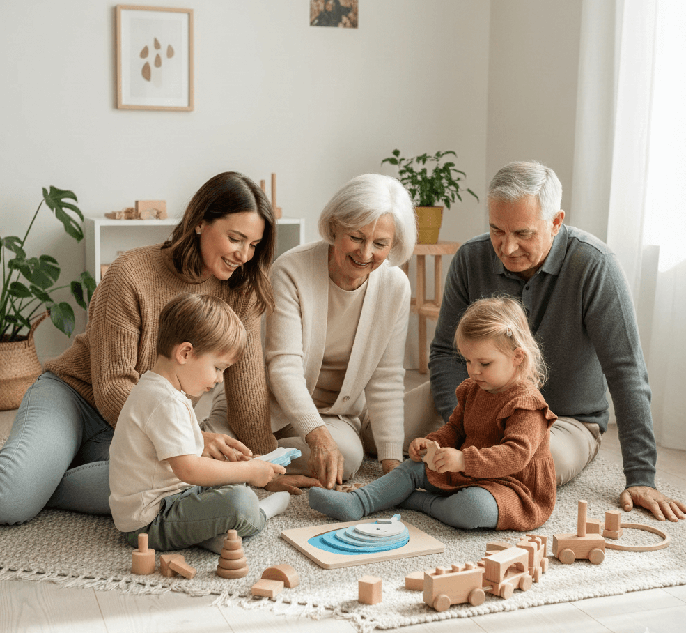 Family of four, including grandparents and two children, playing with wooden toys on a rug.
