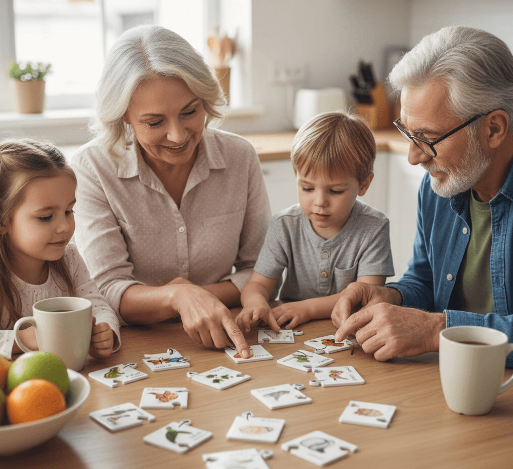 Family playing a card game together at a table in a kitchen.