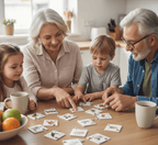 Family playing a card game together at a table in a kitchen.
