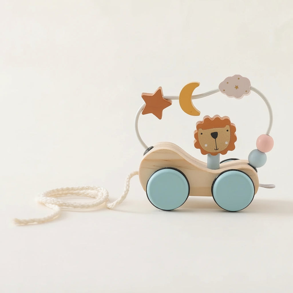 Wooden toy with a lion figure and colorful beads on a white background