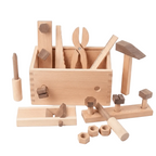 Wooden tool set with various tools and a toolbox on a white background