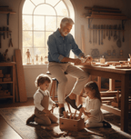 Man in a workshop with two children, surrounded by tools and wooden items.