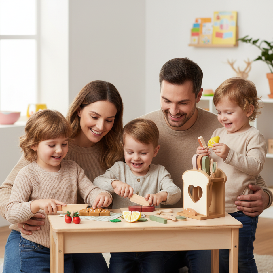 Family of five with two adults and three children playing with wooden toys at a table in a bright room.