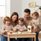 Family of five with two adults and three children playing with wooden toys at a table in a bright room.