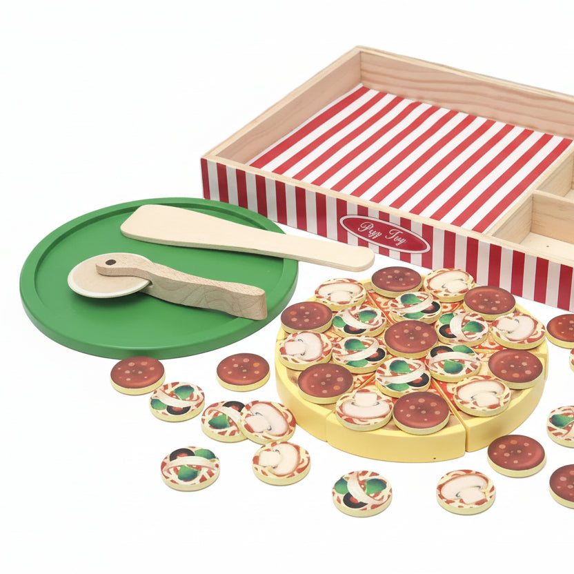 Wooden toy pizza set with a red and white striped box on a white background