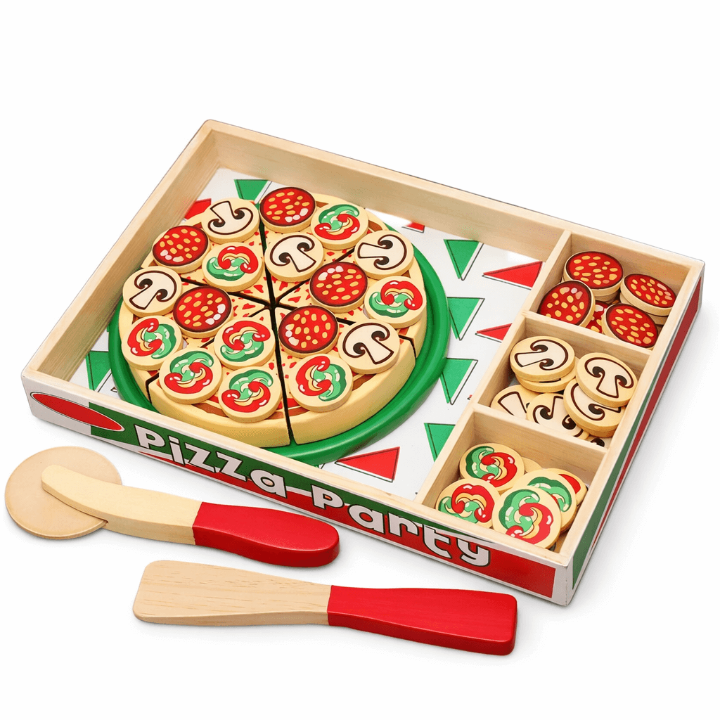 Wooden toy pizza set with pieces and utensils on a white background