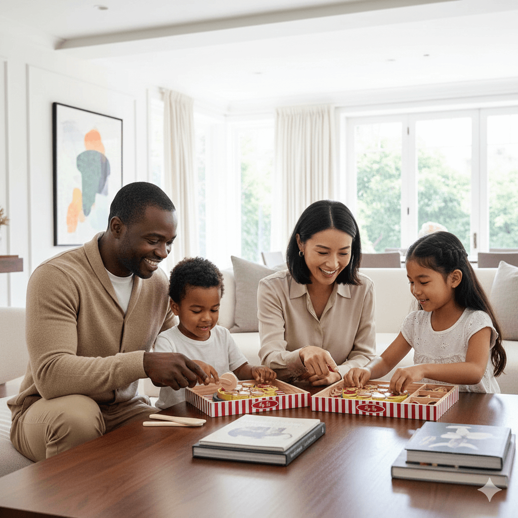 Family of four playing a board game together in a living room.