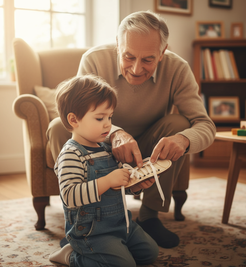 Grandfather helping his grandson tie his shoe laces in a cozy living room.