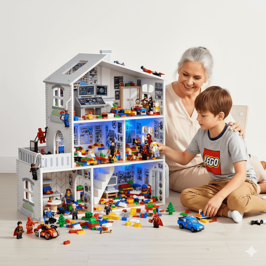 Woman and child playing with a large LEGO house set on a light gray background