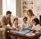 Family of four playing a Magnetic World Map Wooden Puzzle_Wonder Kiiids together in a living room. Wonder Kiiids