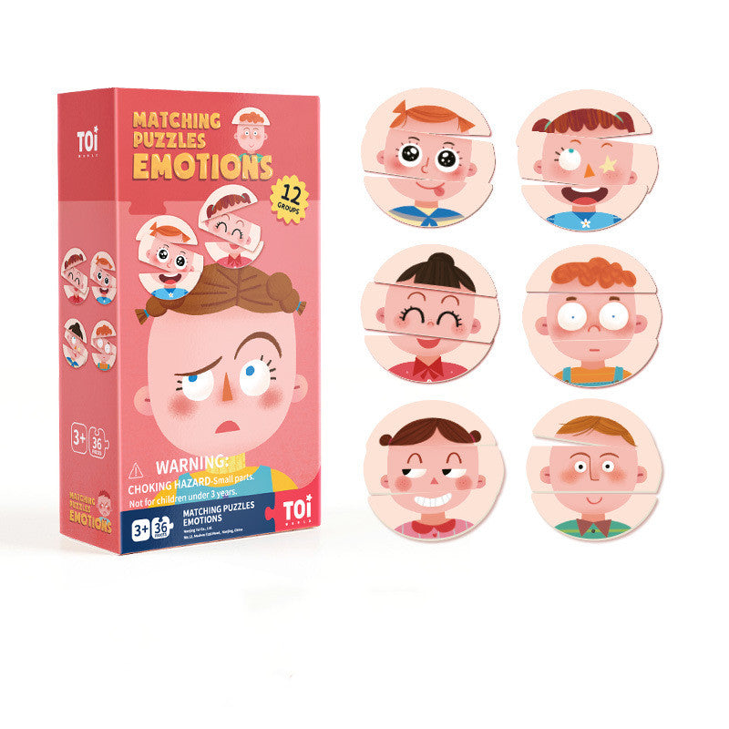 A set of children's cognitive matching educational jigsaw puzzles with various illustrations on the puzzle pieces, displayed next to their packaging box.