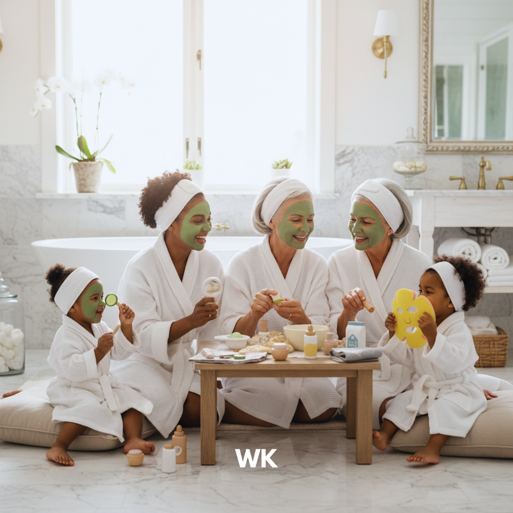 Family of five in a bathroom with green face masks, white robes, and a 'WK' logo.