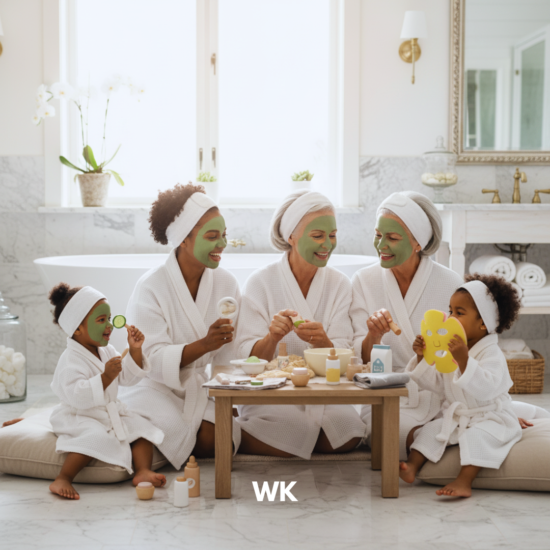 Family of five in a bathroom with green face masks, white robes, and a 'WK' logo.