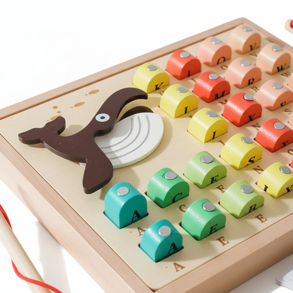 Wooden educational puzzle with colorful letters and a whale illustration on a beige background