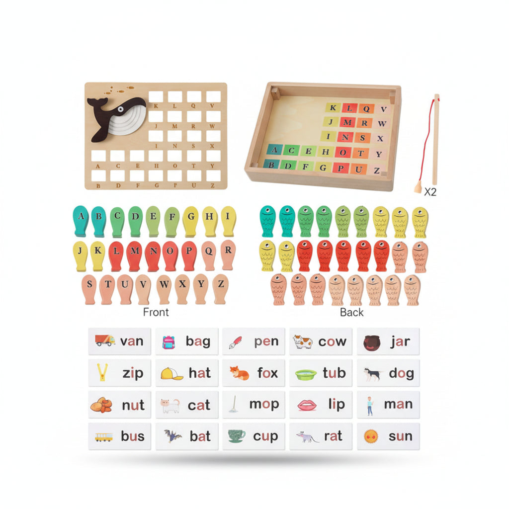 Wooden educational toy set with letters and fish-shaped letters, including measurements and weight information.
