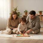 Wooden educational toy with whale figure and letter blocks on a beige background