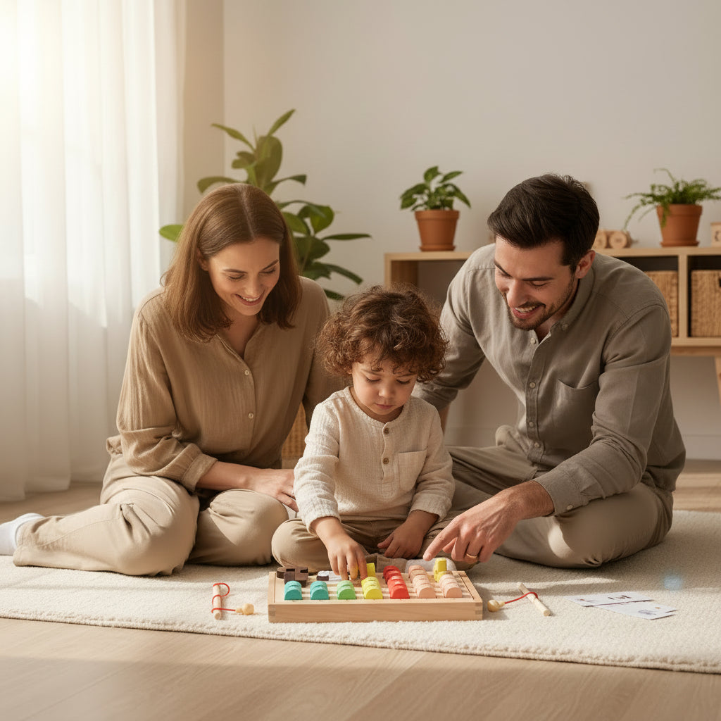 Wooden educational toy with whale figure and letter blocks on a beige background
