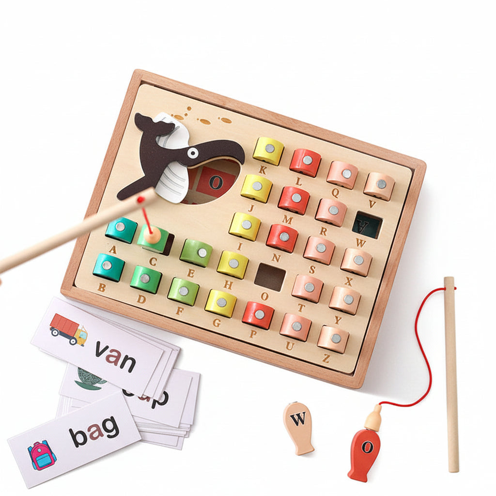 Wooden alphabet learning board with colorful letters and educational cards on a white background