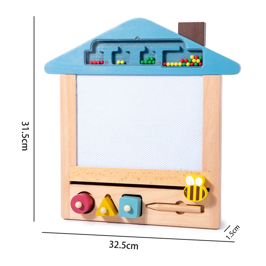 Wooden educational toy with colorful shapes and a whiteboard, showing measurements.