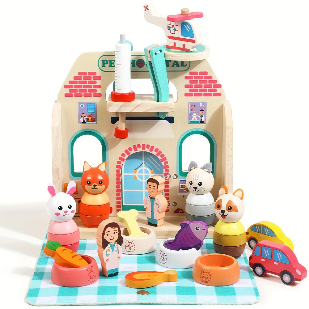 Toy pet grooming salon set with animals and people figures on a checkered mat. Wonder kiiids