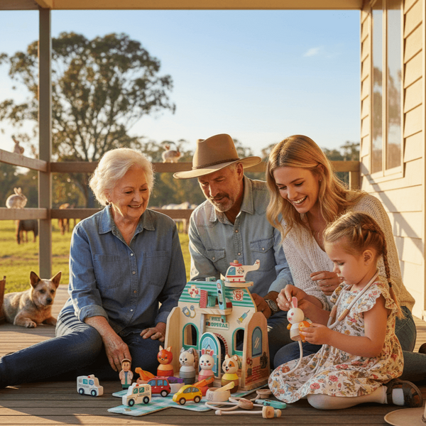 Australian Family of four, including grandparents and a young child, playing with Montessori wooden pet hospital toy_ Wonder Kiiids on a wooden deck.