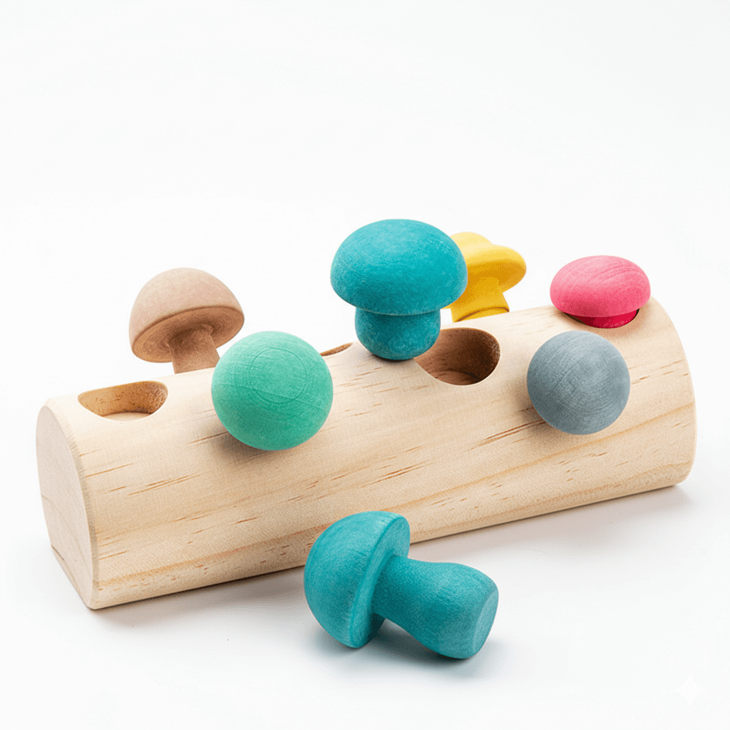 Wooden toy with colorful mushroom-shaped pegs on a white background