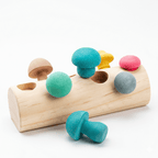 Wooden toy with colorful mushroom-shaped pegs on a white background
