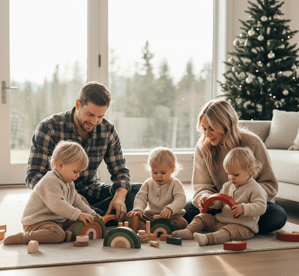 Family of four with three children playing with wooden toys in a living room with a Christmas tree.My First Arched Stacked Blocks Wonder Kiiids