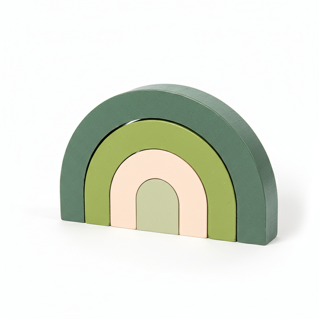 Wooden rainbow block toy in green and beige on a white background