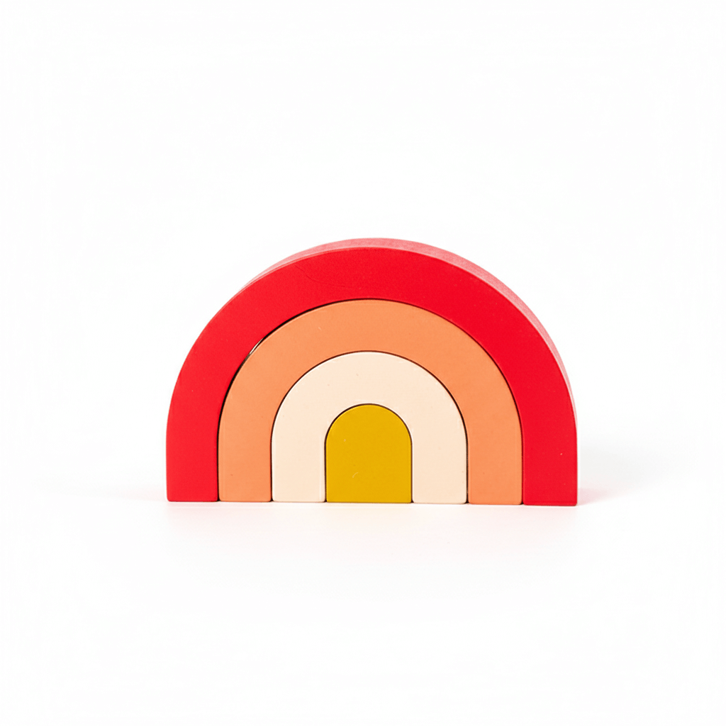 Wooden rainbow block with red, orange, yellow, and white colors on a white background