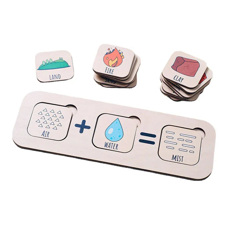 A wooden educational puzzle game designed for children, featuring matching pairs of natural science concepts, such as different states of matter and physical phenomena.