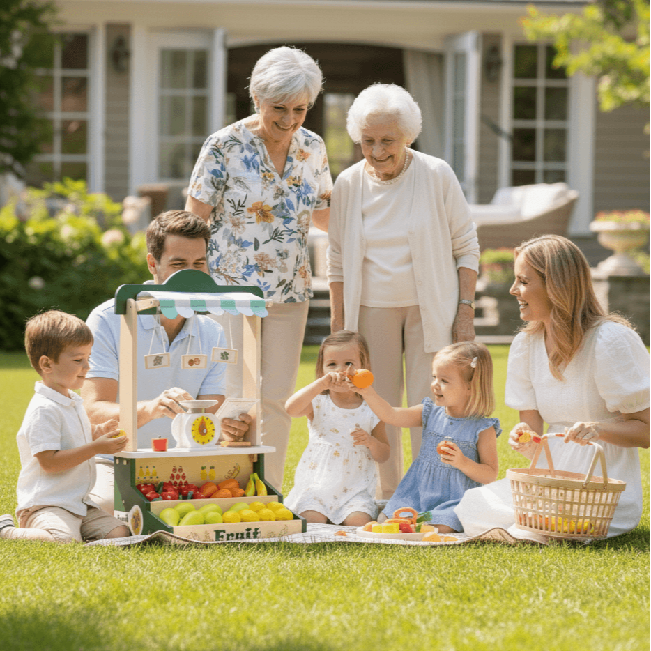 Family and grandparents enjoying a picnic on a grassy lawn. Nonna_Wooden Farmers Market Stand Fruit