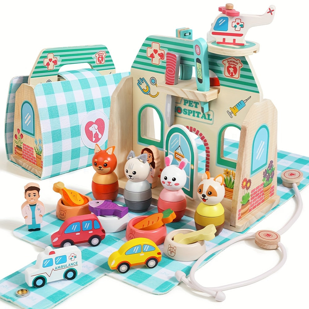 Toy set with a pet hospital, animals, and vehicles on a checkered mat. Wonder kiiids