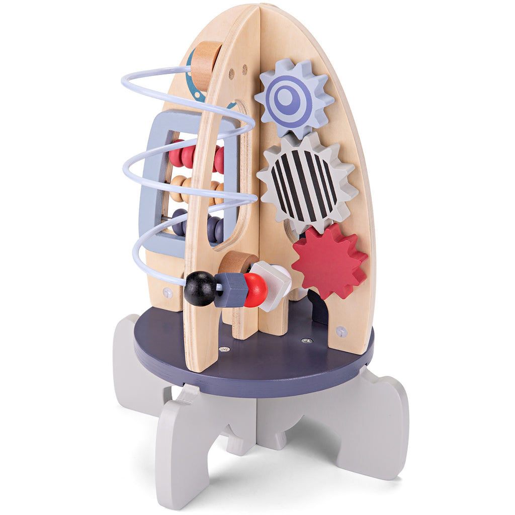 Wooden toy with gears and a spiral track on a white background_Rocket Cube Wonder Kiiids