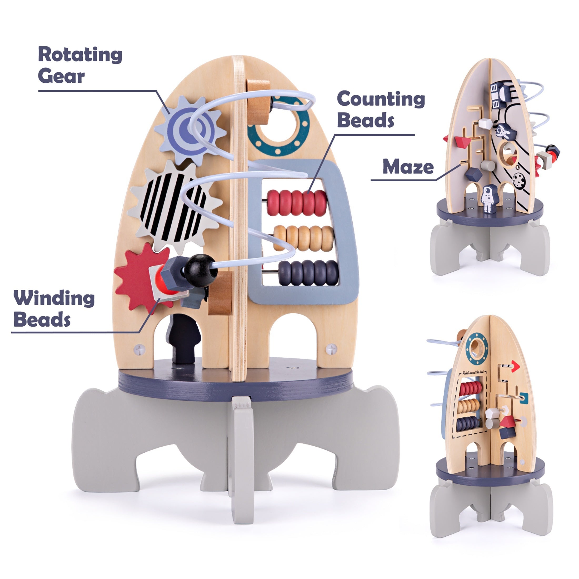 Wooden educational toy with labeled components on a white background