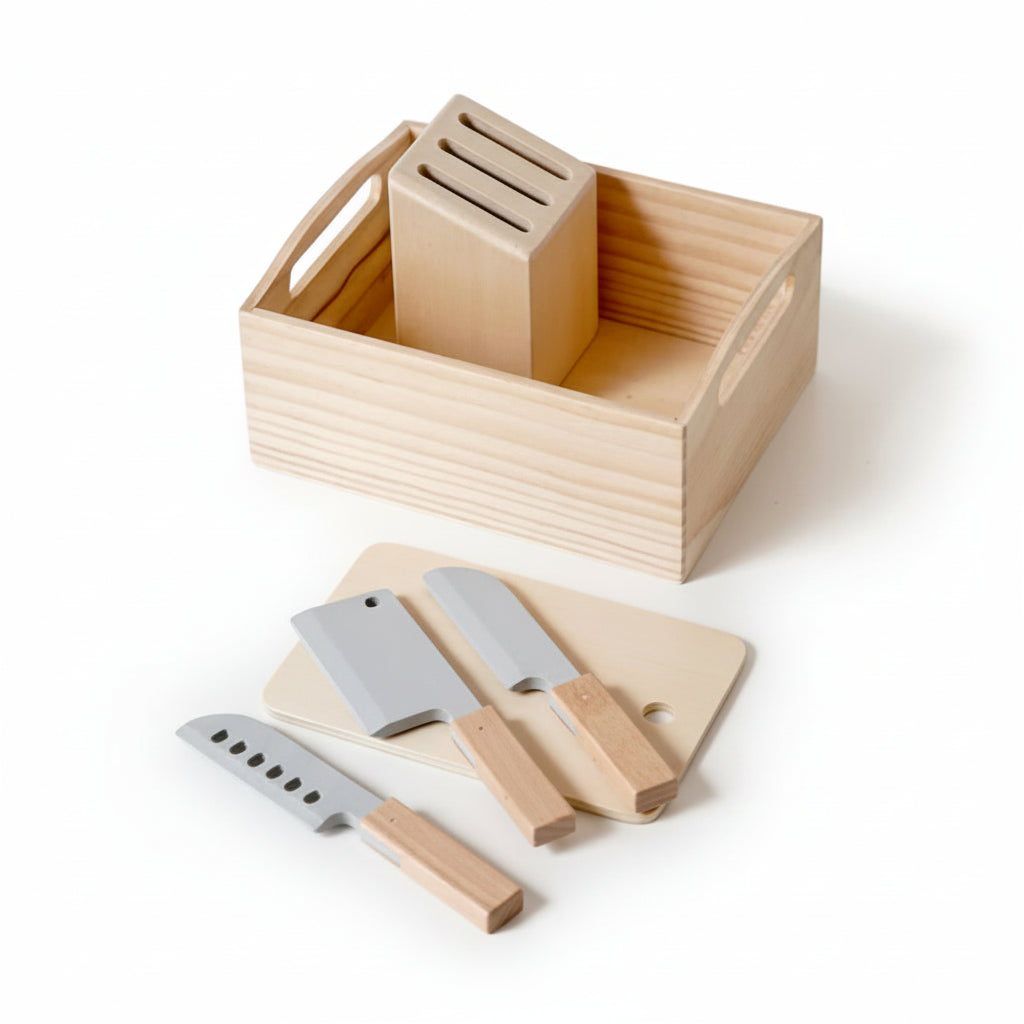 Set of knives with wooden handles and a knife block on a white background