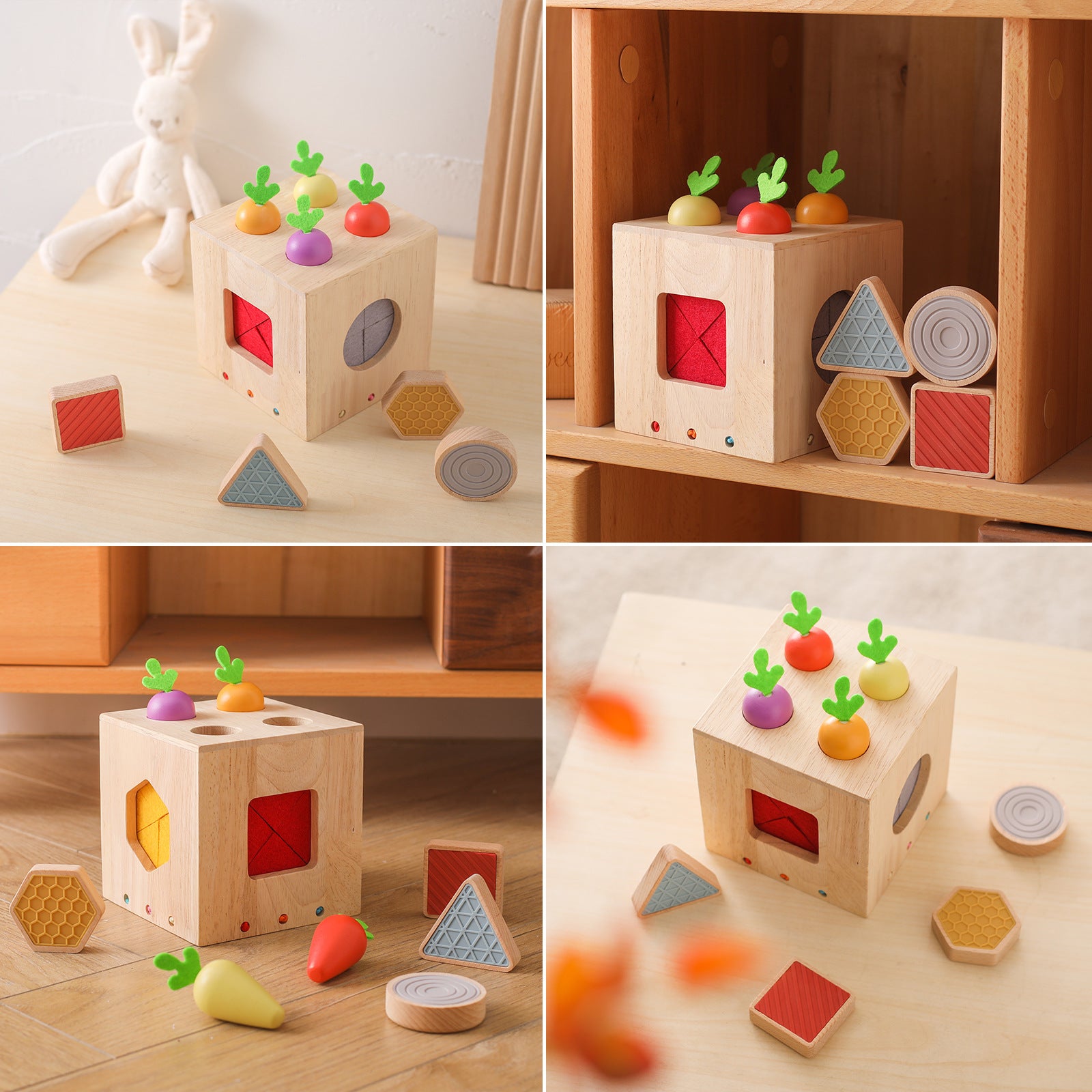 A collection of images showing a children's geometric cast shape toy in various colors, including a wooden base and various shapes such as triangles, circles, and rectangles with different colors.
