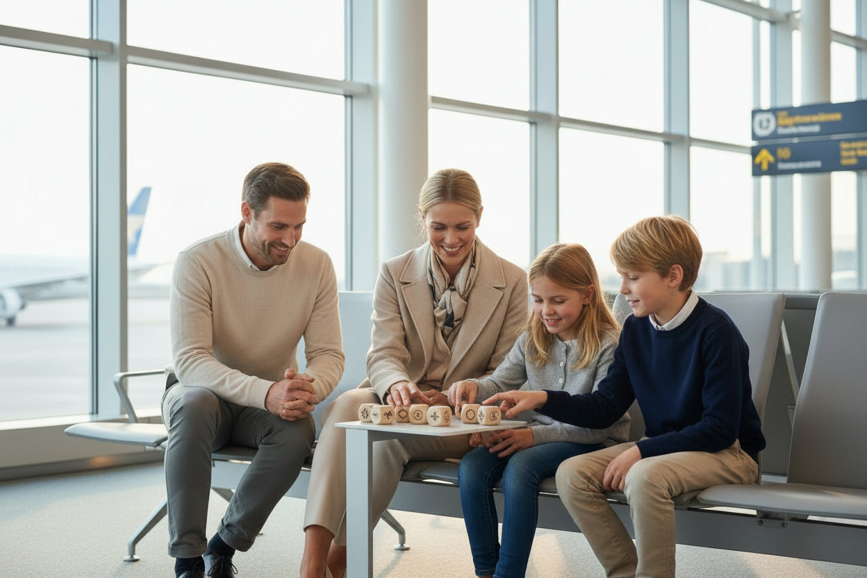 Wooden dice with symbols on a white surface
