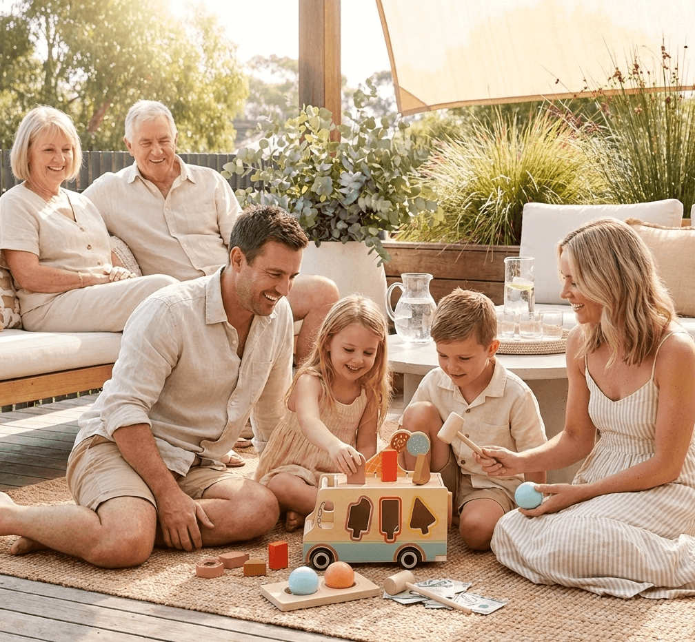 Family of six playing with toys on a wooden deck