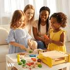 Two women and two young girls playing with toy kitchen set in a bright room.Tiny Grill Masters